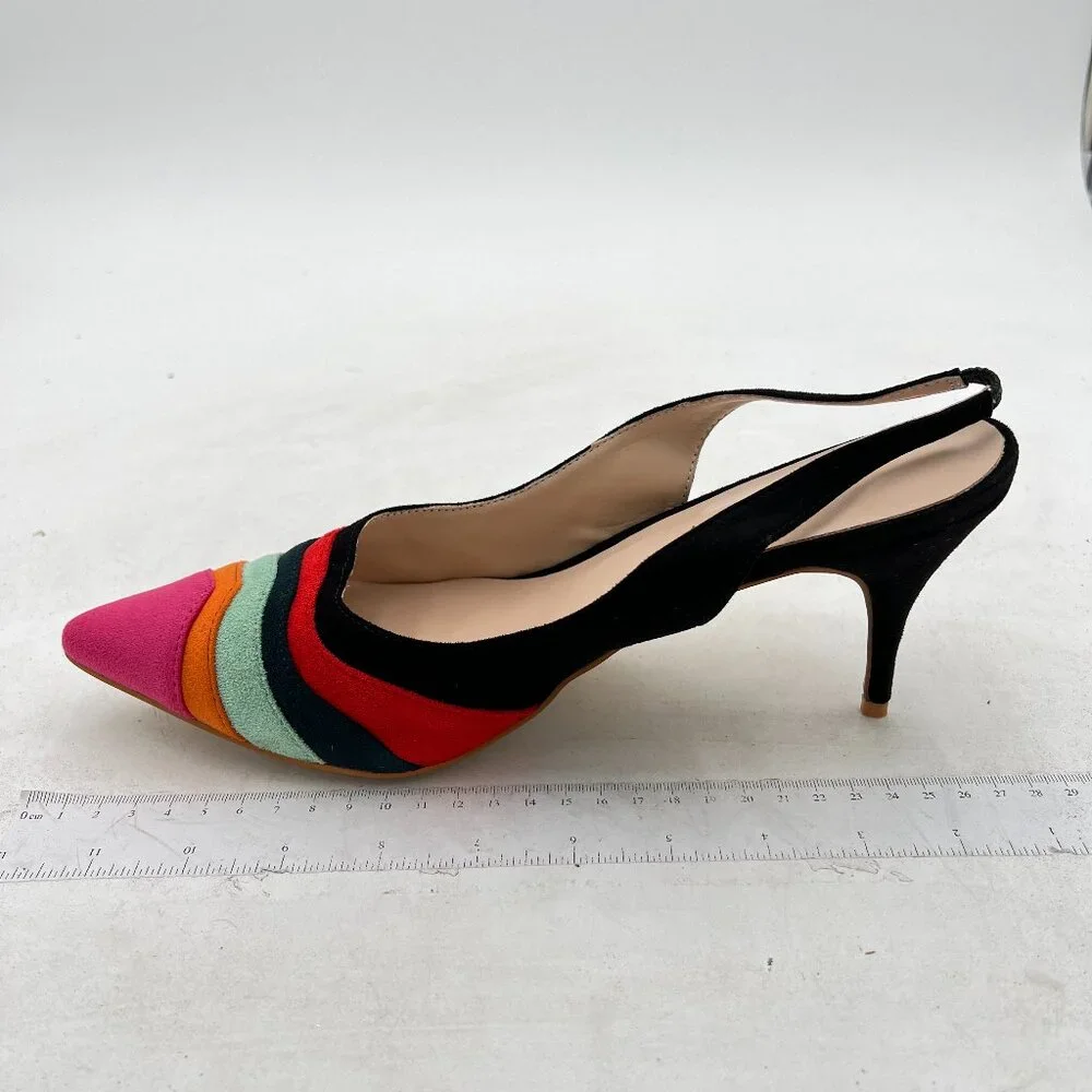 FOWT Dark Rainbow Pointed Toe Slingback Rainbow Color Stripes Elastic Band Pumps - Picture 2 of 8